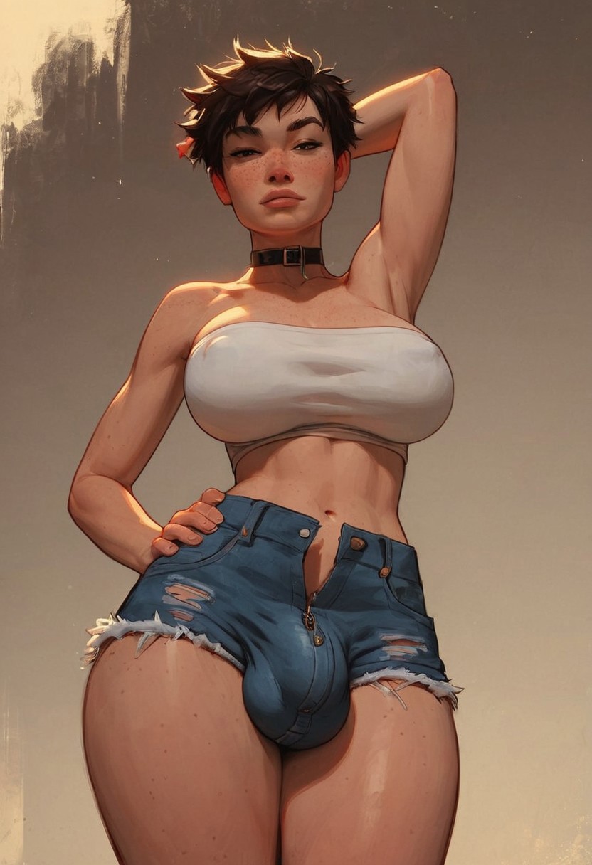 1futa abs ai_generated arm_behind_head arm_up broskybro bulge choker denim_shorts freckles futanari hand_on_head hand_on_hip looking_at_viewer looking_down looking_down_at_viewer nipple_bulge shorts tomboy tube_top tubetop unbuttoned unbuttoned_shorts unzipped unzipped_shorts