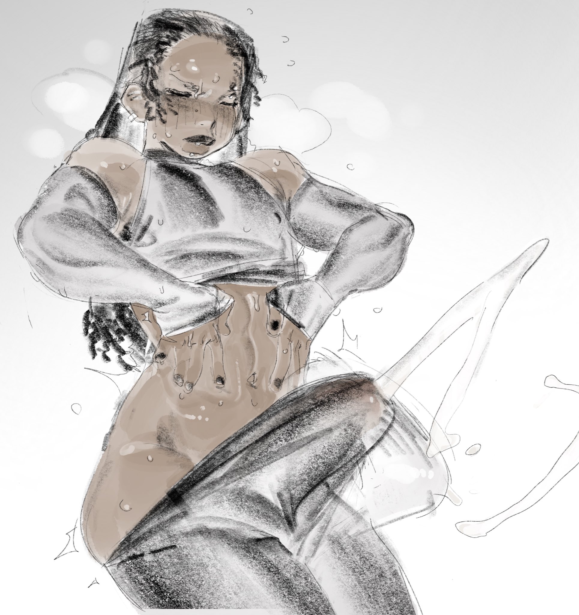 black hair, blank background, bowlboxer, cum, cum through clothes, dark male only, dark skin, dark-skinned femboy, dark-skinned male, dreadlocks, excessive cum, huge cock, hung trap, hyper penis, khentaiu, leaking cum, male, male only, nail polish, penis, sissy, solo male, sweat, throbbing penis