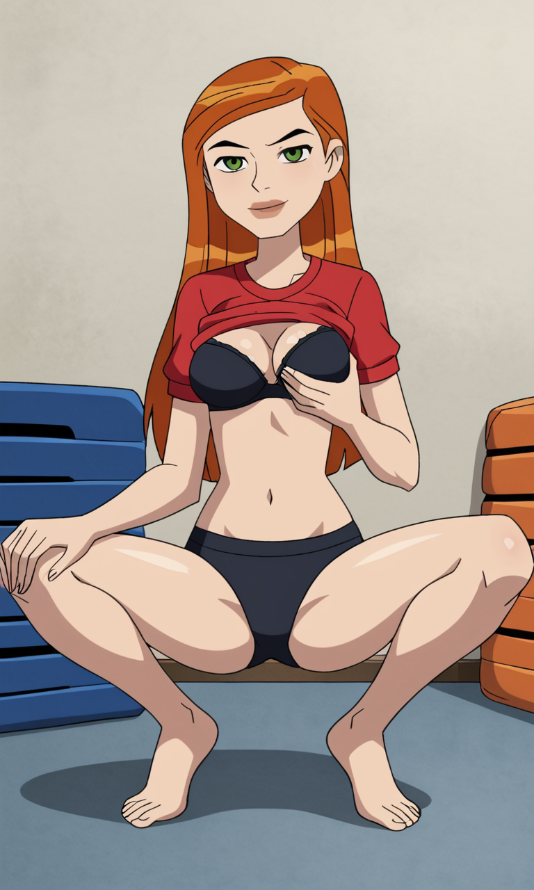 ai_generated bare_legs barefoot ben_10 ben_10_ultimate_alien bigmic145 bra breasts cleavage clothes_lift feet female female_focus female_only ginger ginger_hair gwen_tennyson gwen_tennyson_(alien_force) gwen_tennyson_(ultimate_alien) gym_clothes gym_clothing gym_shirt gym_shorts gym_uniform long_hair medium_breasts orange_hair