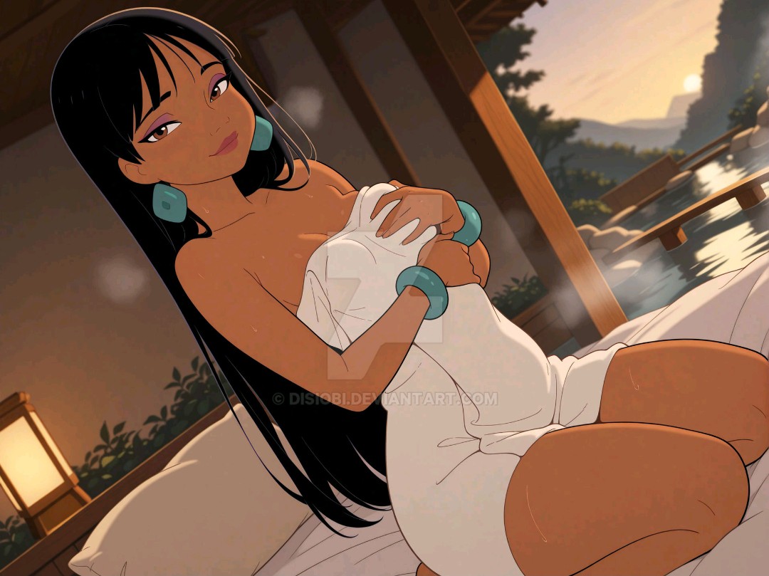 1girls, ai generated, black hair, bracelets, brown eyes, chel, chel (the road to el dorado), dark skin, dark-skinned female, dreamworks, earrings, female, human, smile, tan skin, tan-skinned female, the road to el dorado, towel, towel only