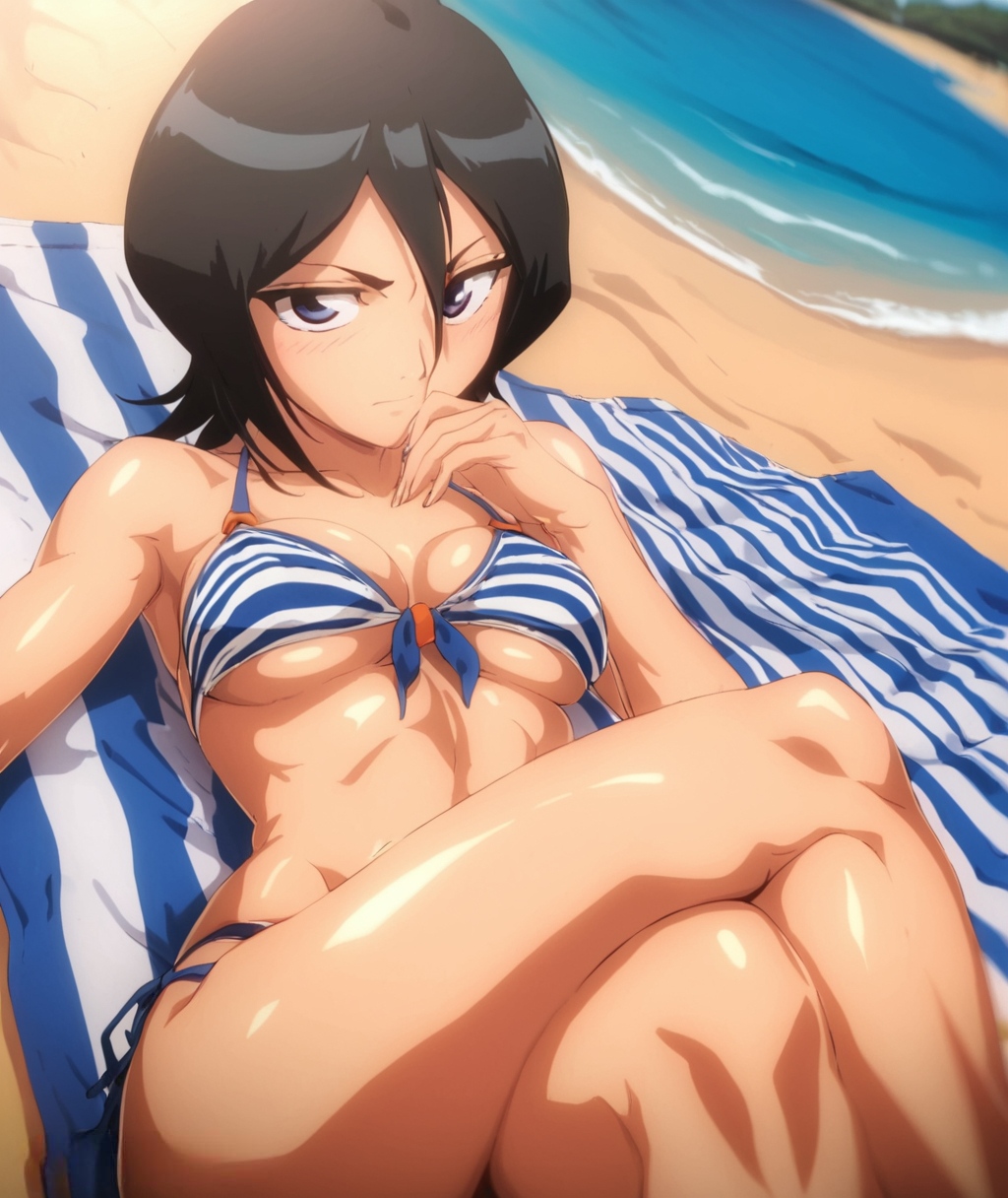 1girl abs beach beach_towel bikini black_hair blue_bikini blue_eyes breasts crossed_legs day front-tie_top kuchiki_ruki, kuchiki_rukia looking_at_viewer lounge_chair lying medium_breasts outdoors short_hair side-tie_bikini solo striped striped_bikini swimsuit tan towel umbrella underboob