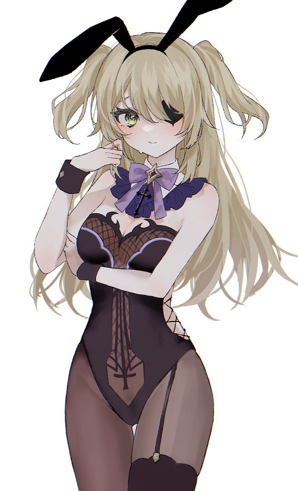 1girls, artist request, big breasts, blonde female, blonde hair, blush, blushing, breasts, bunny ears, bunny girl, bunnysuit, clothed, eye patch, eyepatch, fake animal ears, female, female only, fischl (genshin impact), genshin impact, green eyes, hoyoverse, mihoyo, minasd1648, revealing clothes, tagme, tagme (artist), thigh gap, thighs, twintails, white background