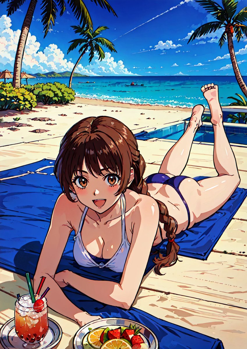 ai_generated beach bikini brown_eyes brown_hair king_of_fighters on_ground on_stomach pool sea smile yuri_sakazaki