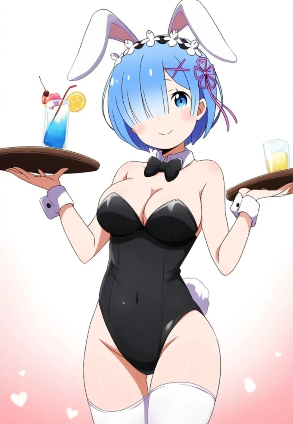 blue_eyes blue_hair bunny_ears bunny_girl bunnysuit cleavage female female_only fully_clothed holding_object holding_serving_tray re:zero_kara_hajimeru_isekai_seikatsu rem_(re:zero) revealing_clothes serving_tray shiny_clothes stockings tight_clothing waitress