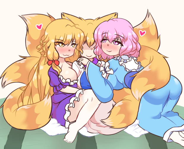 3girls ass blonde_hair blue_dress blue_kimono cleavage fox_ears fox_girl fox_tail frilled_dress fully_clothed golden_eyes half-closed_eyes heart hearts_around_head hug jungleboyayaya kimono long_hair multiple_tails pantyhose pink_eyes pink_hair purple_dress ran_yakumo sandwiched short_hair sitting smile tabard tight_clothing touhou yukari_yakumo yuri yuyuko_saigyouji