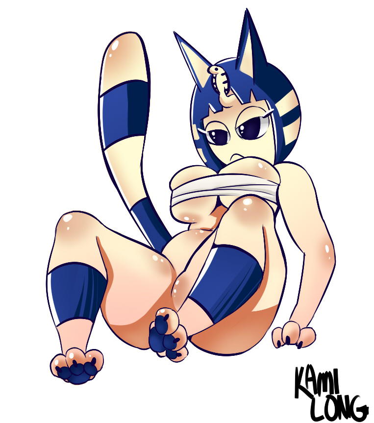 2017 alternate_body_type alternate_breast_size animal_crossing ankha anthro bandage barefoot big_breasts bottomless breasts clothed clothing feline female kamilong mammal nintendo noseless slightly_chubby solo video_games