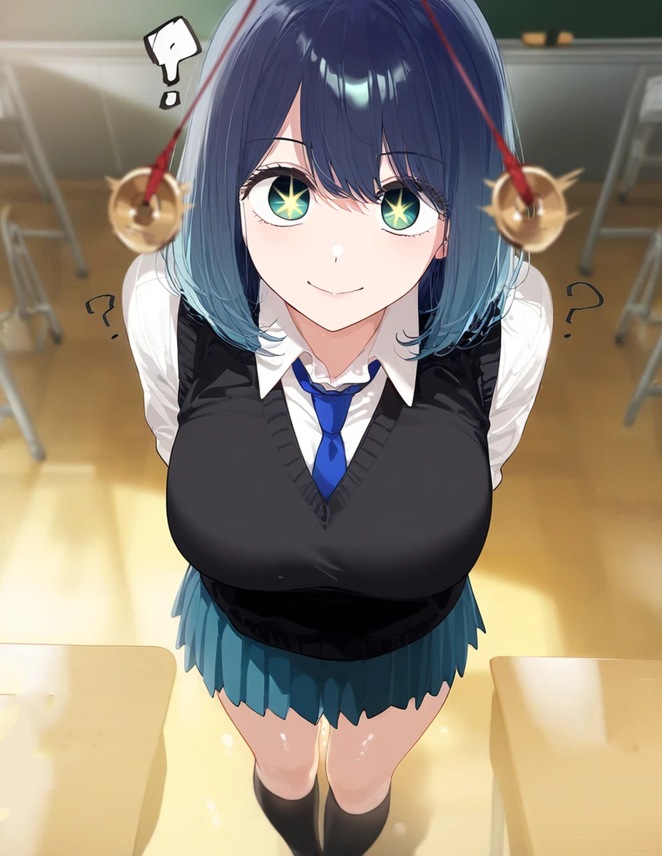 ai generated, big breasts, blue hair, breasts, female, green eyes, huge breasts, hypnosis, kurokawa akane, large breasts, light skin, light-skinned female, looking at viewer, medium hair, oshi no ko, pov eye contact, school uniform, schoolgirl, shounen jump+, smiling, solo female, star-shaped pupils, sukesuke, voluptuous, voluptuous female