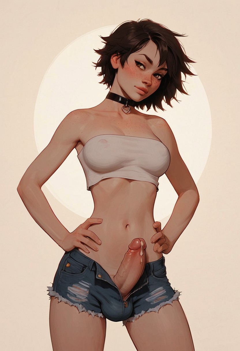 ai_generated balls_under_clothes broskybro bulge choker denim_shorts freckles futanari hand_on_hips light-skinned_futanari precum shorts tomboy tube_top tubetop unbuttoned unbuttoned_shorts unzipped unzipped_shorts white_futanari