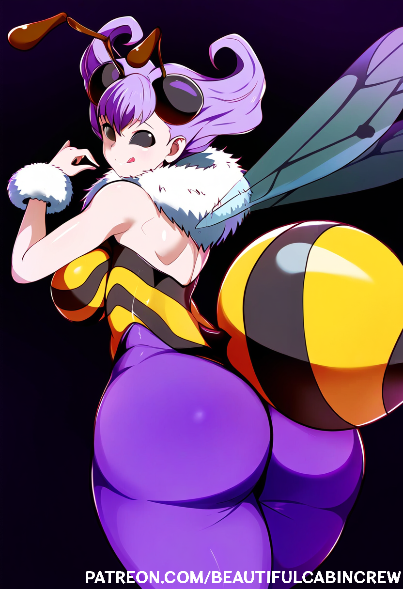 2024 ai_generated antennae ass_focus beautifulcabincrew bee bee_girl capcom darkstalkers female huge_ass insect_wings monster_girl patreon purple_hair q-bee solo wings