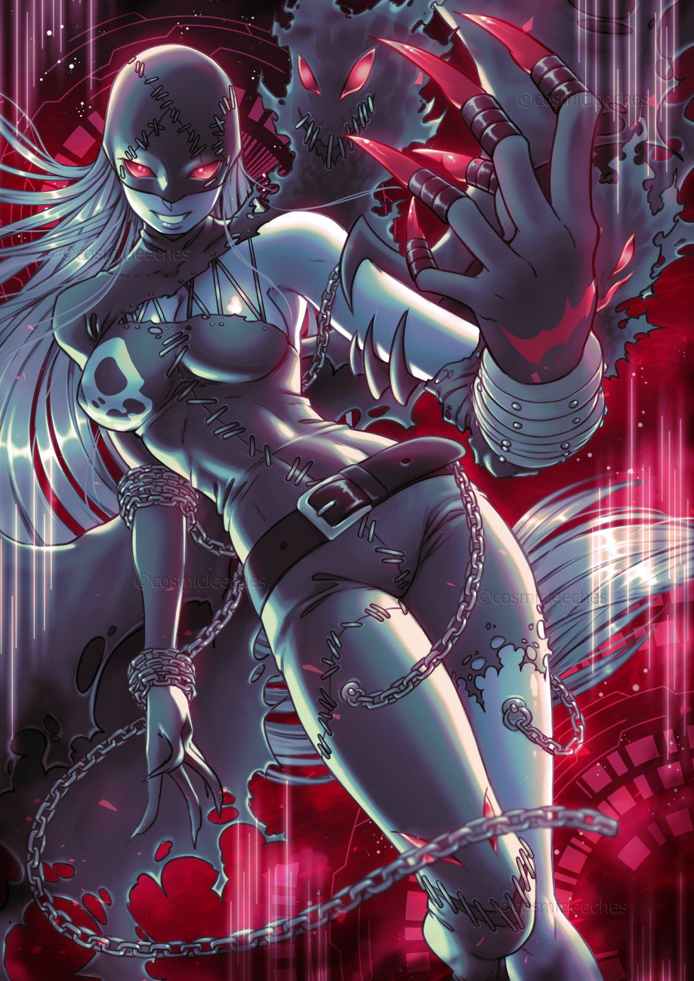 1girls 2022 belt black_belt black_bodysuit bodysuit breasts chains claws colored_skin cosmicleeches demon demon_girl digimon digimon_(species) fallen_angel female female_only grey_hair grey_skin highres ladydevimon long_hair looking_at_viewer mask red_eyes skull smiling smiling_at_viewer solo watermark