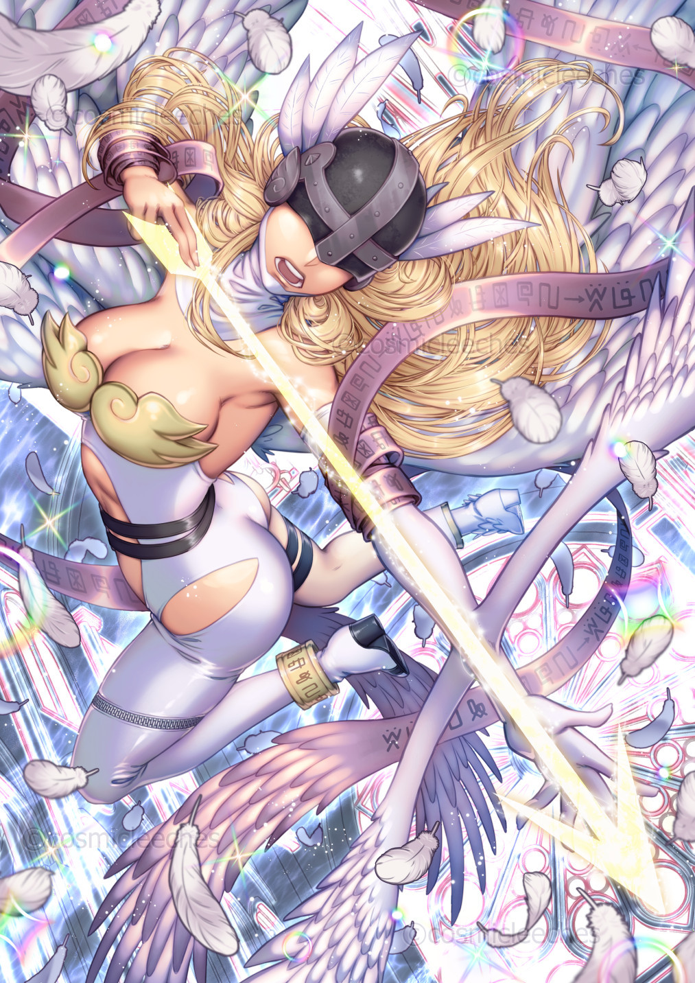 2022 aiming angel_wings angewomon armpits arrow_(projectile) ass asymmetrical_clothes bare_shoulders belt blonde_hair bodysuit boots breasts cleavage clothing_cutout cosmicleeches covered_eyes digimon elbow_gloves falling_feathers feathered_wings feathers female floating floating_hair gloves hagoromo helmet helmet_over_eyes highres holding holding_arrow holy_ring knee_boots large_breasts long_hair navel_cutout o-ring o-ring_belt open_mouth shawl solo teeth thigh_strap watermark white_bodysuit white_footwear winged_helmet wings