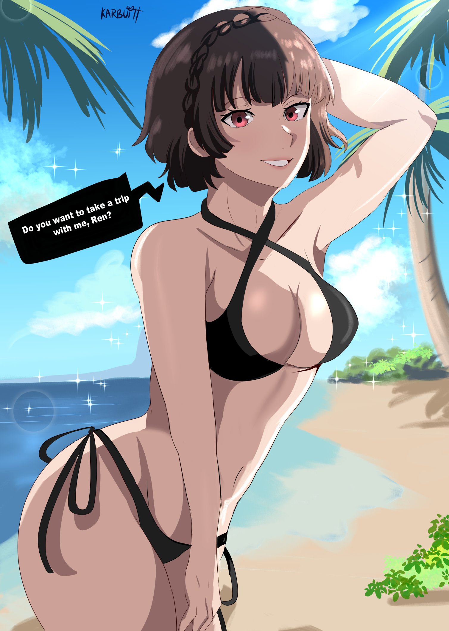 1girls, beach, bikini, breasts, brown hair, cleavage, dialogue, female, karbuitt, makoto niijima, persona, persona 5, red eyes, short hair, smile, solo, speech bubble, swimsuit, text