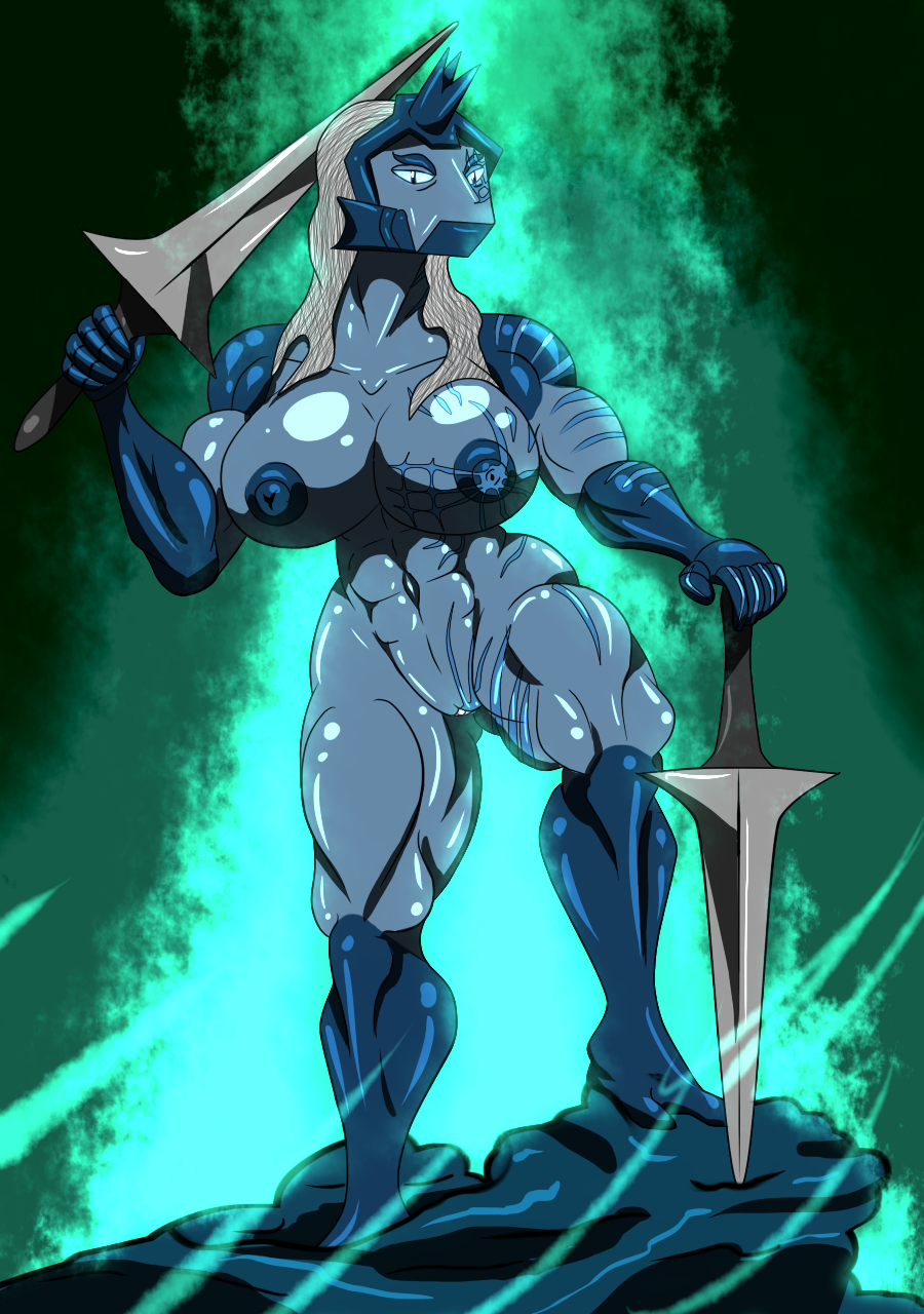 abs arthropod biceps big_breasts blue_eyes blue_skin breasts female hair horn insects looking_at_viewer melee_weapon muscular muscular_female nipples pussy saesar scar scarab sword weapon white_hair