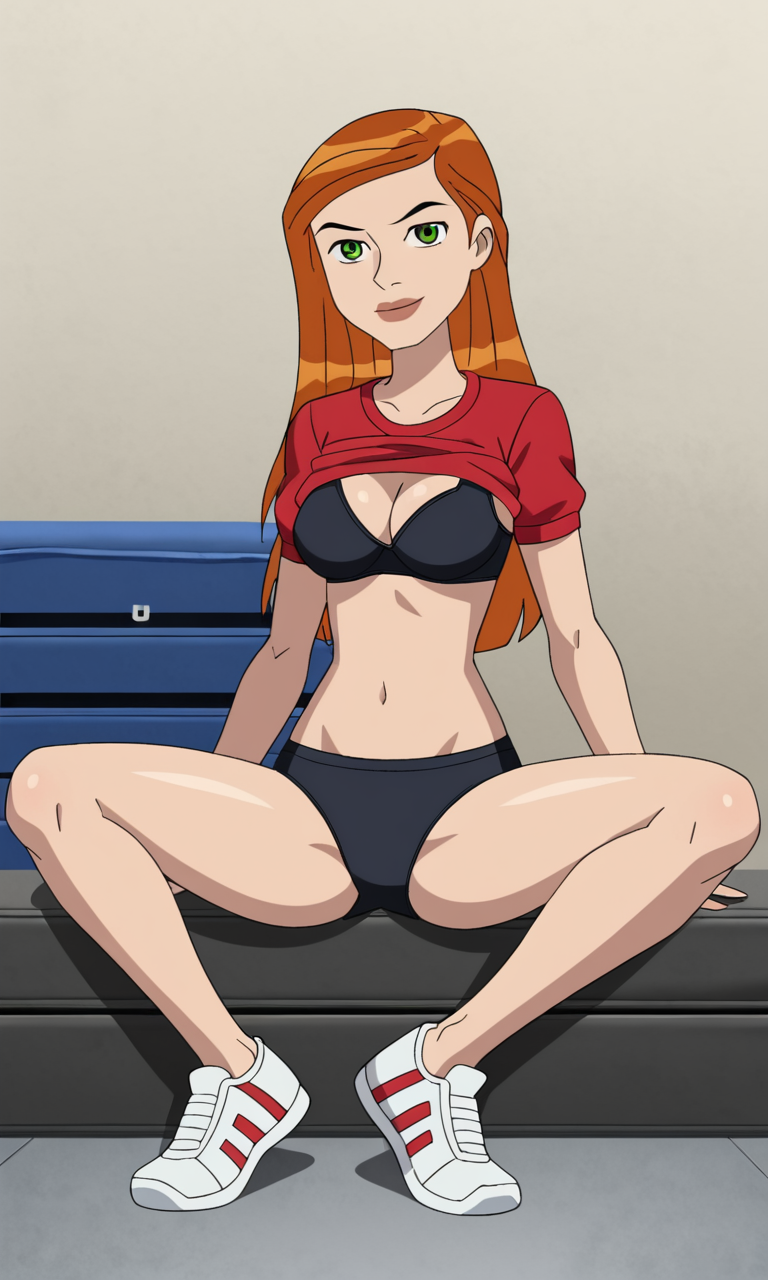 ai_generated bare_legs ben_10 ben_10_ultimate_alien bigmic145 bra breasts cleavage clothes_lift female female_focus female_only ginger ginger_hair gwen_tennyson gwen_tennyson_(alien_force) gwen_tennyson_(ultimate_alien) gym_clothes gym_clothing gym_shirt gym_shorts gym_uniform long_hair medium_breasts orange_hair shoes