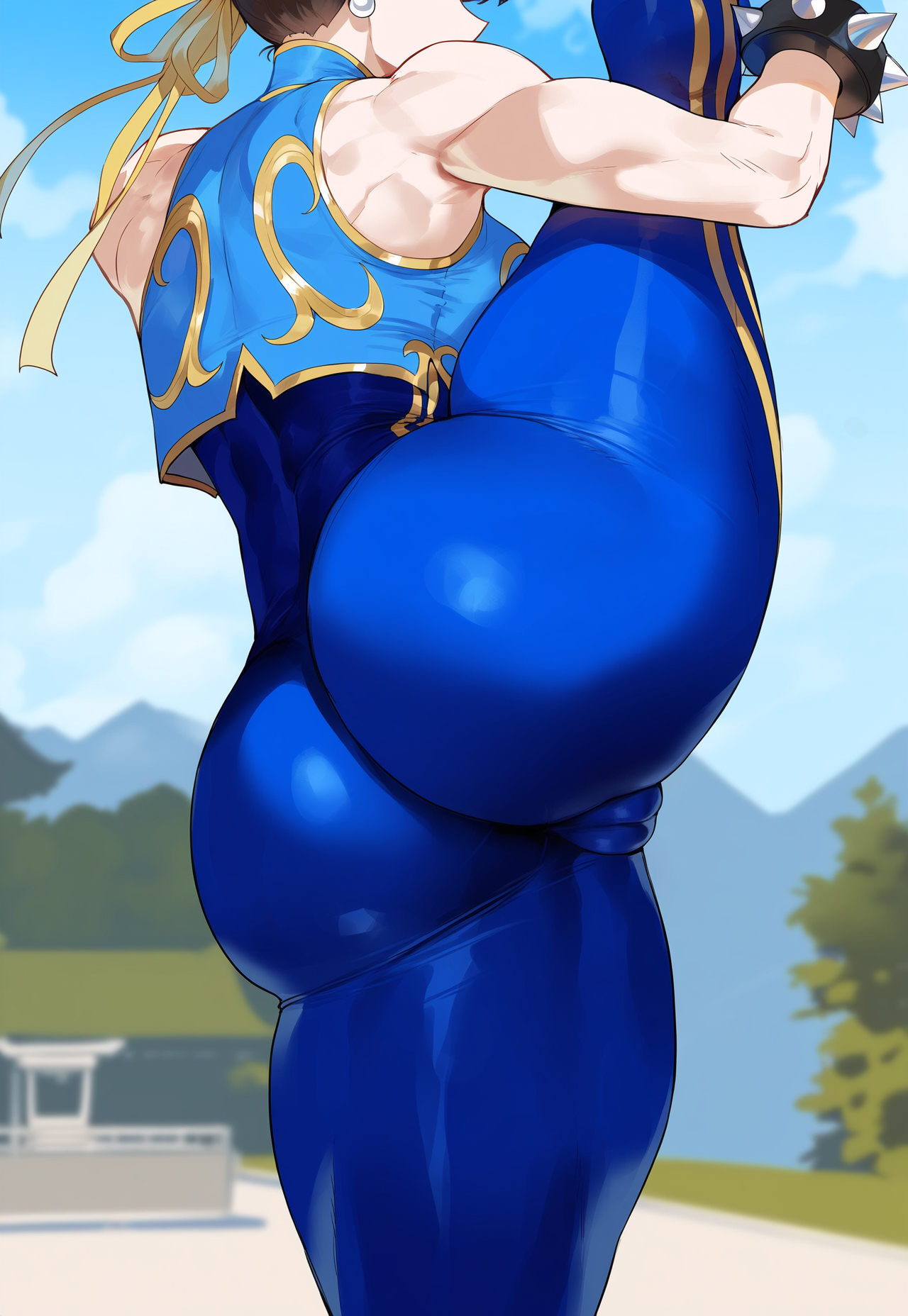 1girls, ai generated, ass, ass focus, big ass, big butt, blue bodysuit, bodysuit, breasts, brown hair, bubble ass, bubble butt, cameltoe, chun-li, creamy ai, curvy, double bun, fat ass, female, flexible, from behind, huge ass, large ass, large breasts, muscular, muscular female, narrow waist, pussy, skindentation, solo, standing on one leg, standing split, street fighter, thick ass, thick thighs, toned, unitard, wide hips