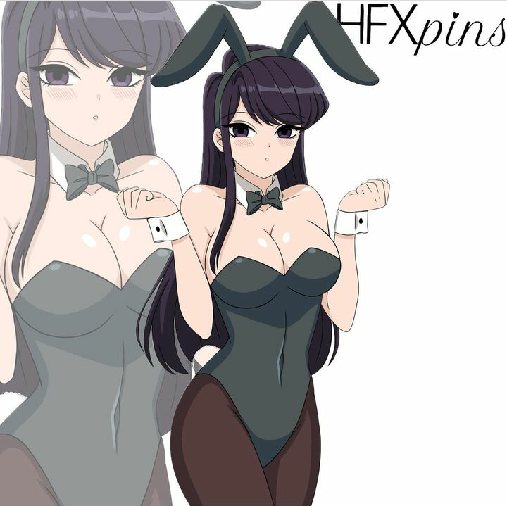 black_hair blush braless bunny_ears bunny_tail bunnysuit cleavage cuffs_(clothing) dark_eyes dark_hair female female_human female_only hfxpins komi-san_wa_komyushou_desu komi_shouko long_hair pale pale-skinned_female pale_skin sole_female