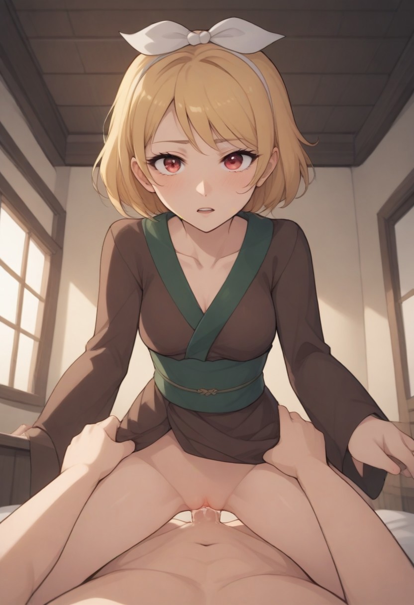 1girls ai_generated blonde_hair cowgirl_position female hetero japanese_clothes kagamine_rin kimono leaning_forward masa_works_design mjdennsfw oni_to_kitsune_no_hanashi pov pussy_juice red_eyes self_upload shikyou_(onibi_series) short_hair vaginal_penetration white_hair_ribbon