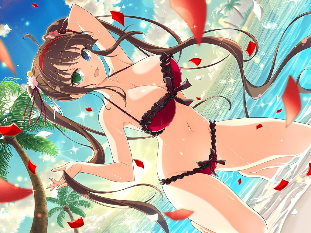 ahoge arm_up armpits ass_visible_through_thighs bare_arms bare_belly bare_legs bare_shoulders bare_thighs barefoot beach belly_button big_breasts bikini blush body_blush breasts brown_hair cleavage collarbone feet flower_in_hair frilled_bikini groin hairband heterochromia holding_own_hair kneeling marvelous ocean official_art on_knees open_mouth outdoors red_bikini ryoubi_(senran_kagura) senran_kagura senran_kagura_new_link shiny_skin smile thighs toes twintails water wet_body wet_hair yaegashi_nan