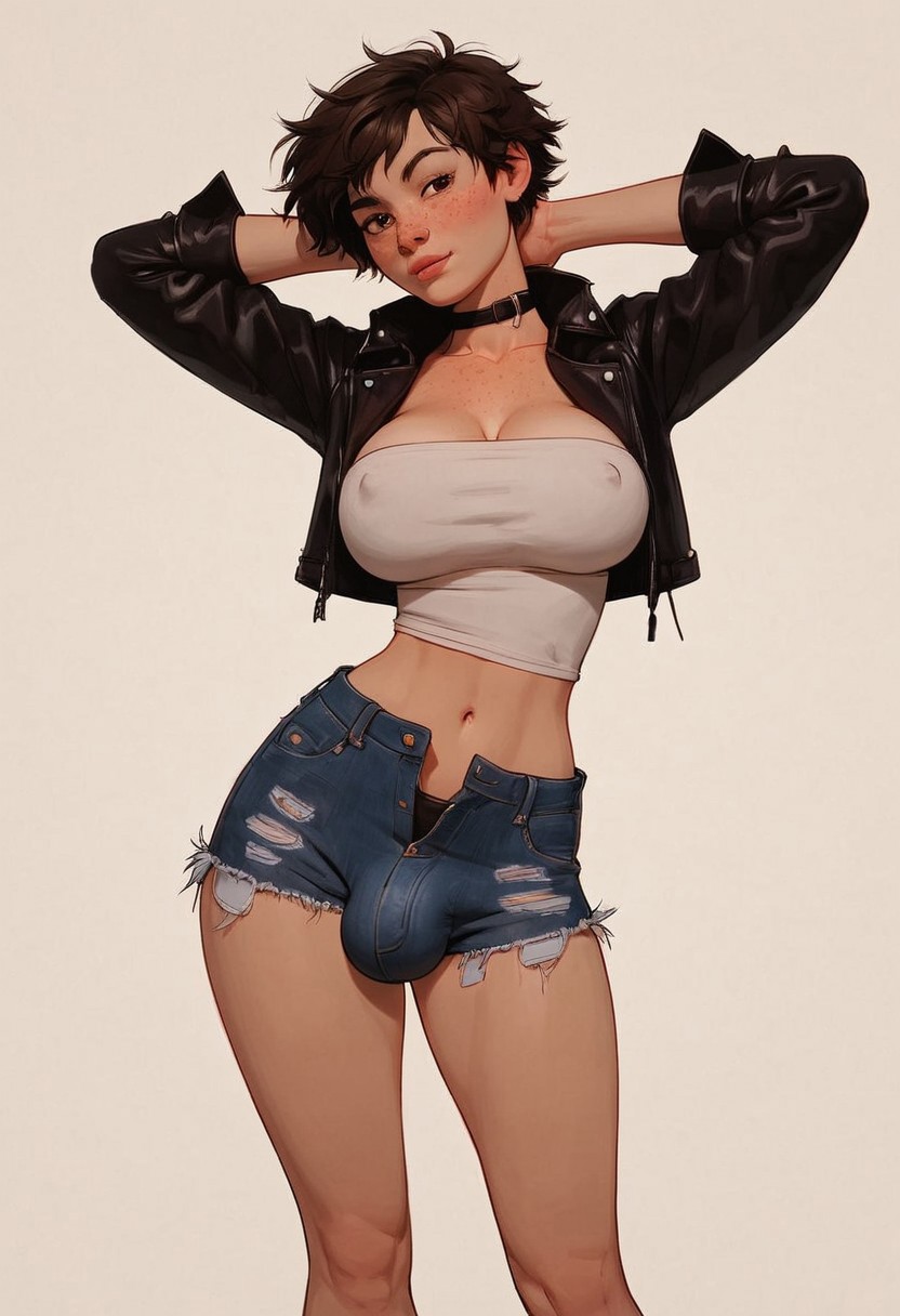 ai_generated arms_up broskybro bulge choker denim_shorts freckles futanari hands_behind_head jacket shorts tomboy tube_top tubetop unbuttoned unbuttoned_shorts unzipped unzipped_shorts