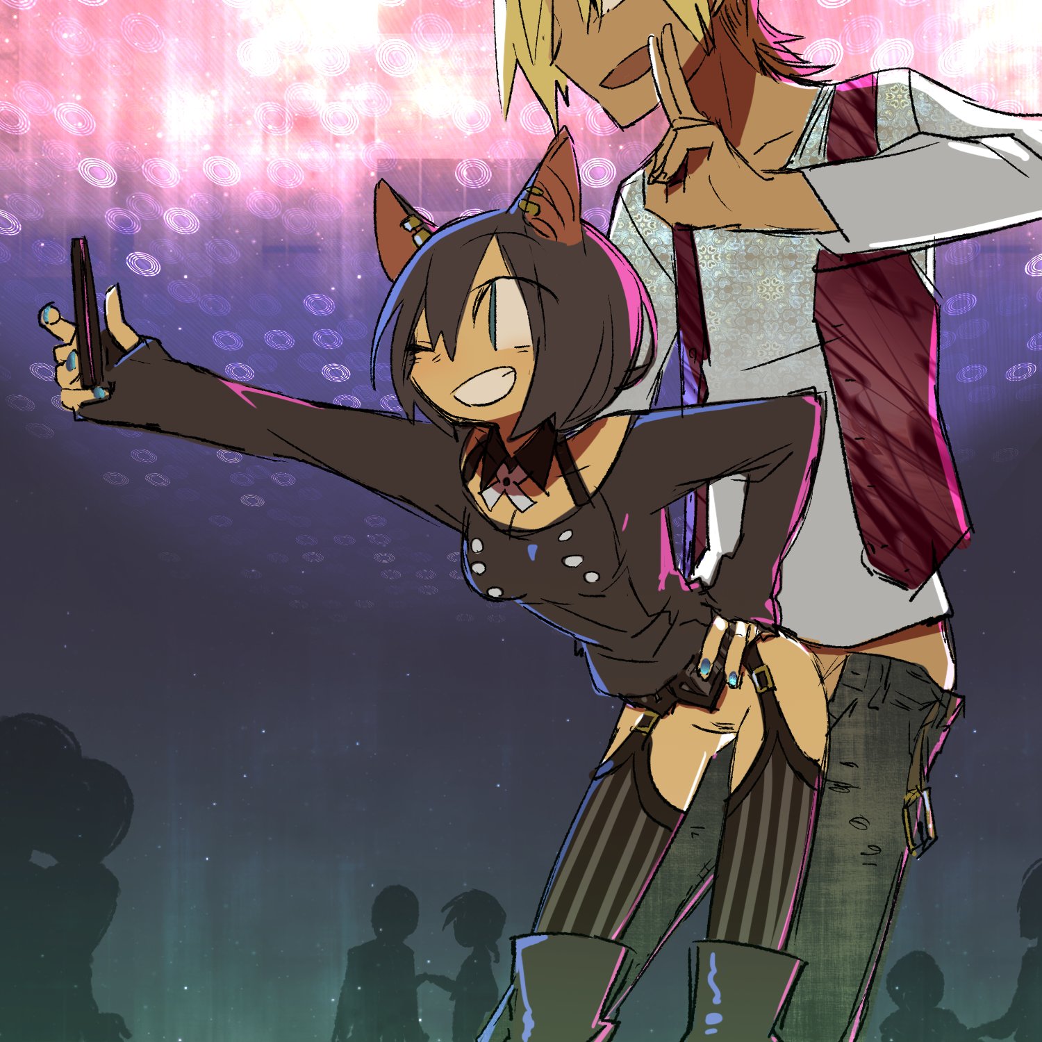 1boy, animal ears, bottomless, cat ears, cellphone, doggy style, female, garter straps, grin, male, nightclub, one eye closed, ootorii bisetsu, open mouth, party, pubic hair, public sex, sex, standing, v