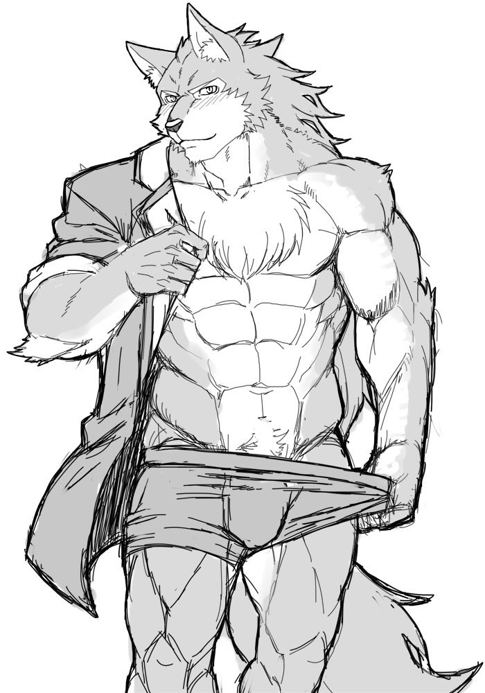 abs akuann anthro blush canine clothed clothing looking_at_viewer male male_only mammal monochrome muscular pecs simple_background solo underwear undressing white_background wolf