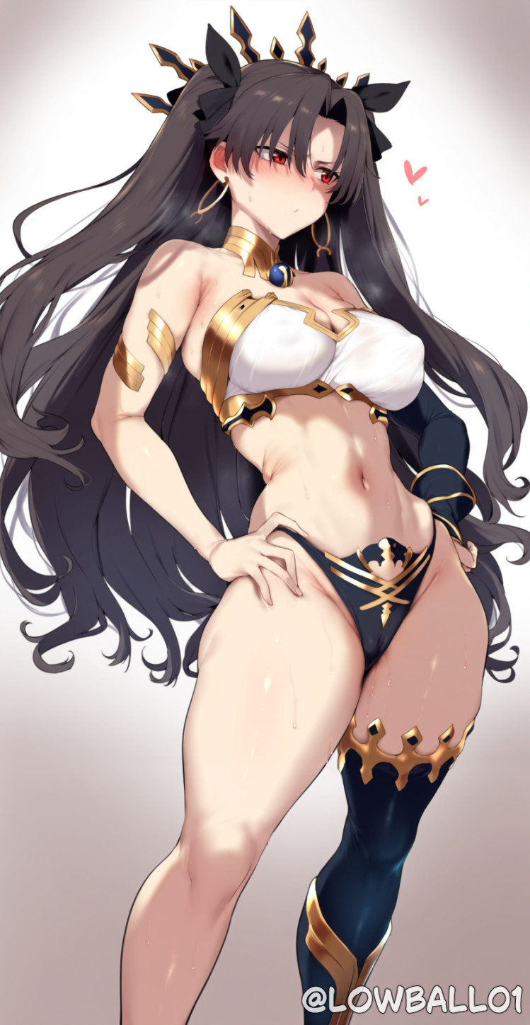 black_bow black_hair covered_nipples covered_pussy earrings fate/grand_order fate_(series) gloves gold_jewelry gold_trim hand_on_hip ishtar_(fate) large_breasts lowball01 midriff muscular navel necklace nipples panties red_eyes sweat sweatdrop thighhighs thighs toned twintails