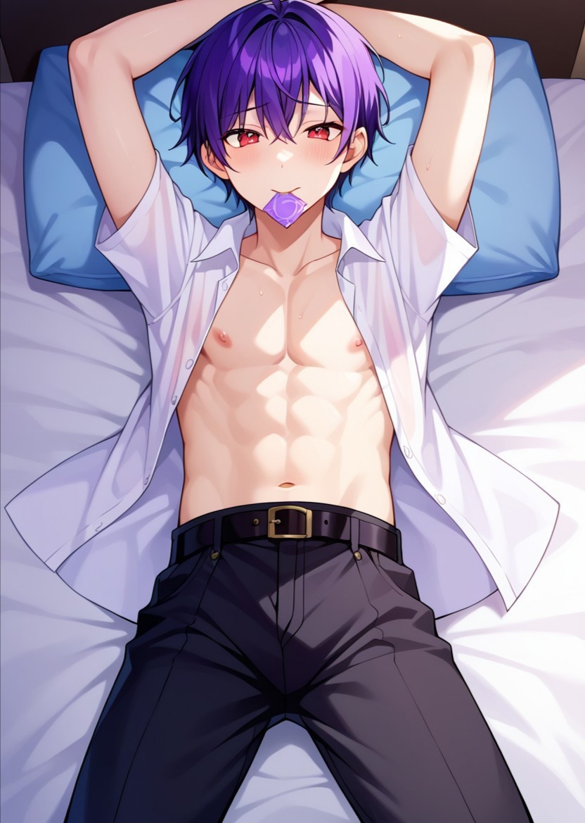 1boy ai_generated arms_up bed bed_sheet belt belt_buckle black_pants blossomtea blue_pillow blush blush_lines civitai closed_mouth closed_mouth_smile collarbone condom condom_in_mouth dot_nose emi_senju eyebrows eyebrows_visible_through_hair genderswap_(ftm) hair_between_eyes half-closed_eyes hassaku_xl highlights highlights_(coloring) light_blush masa_works_design navel nipples on_back on_bed oni_to_kitsune_no_hanashi pants pillow purple_condom purple_hair red_eyes rule_63 self_upload shirt short_hair short_sleeves smile solo sweat sweating unbuttoned_shirt wet_clothes wet_shirt white_bed_sheet white_shirt