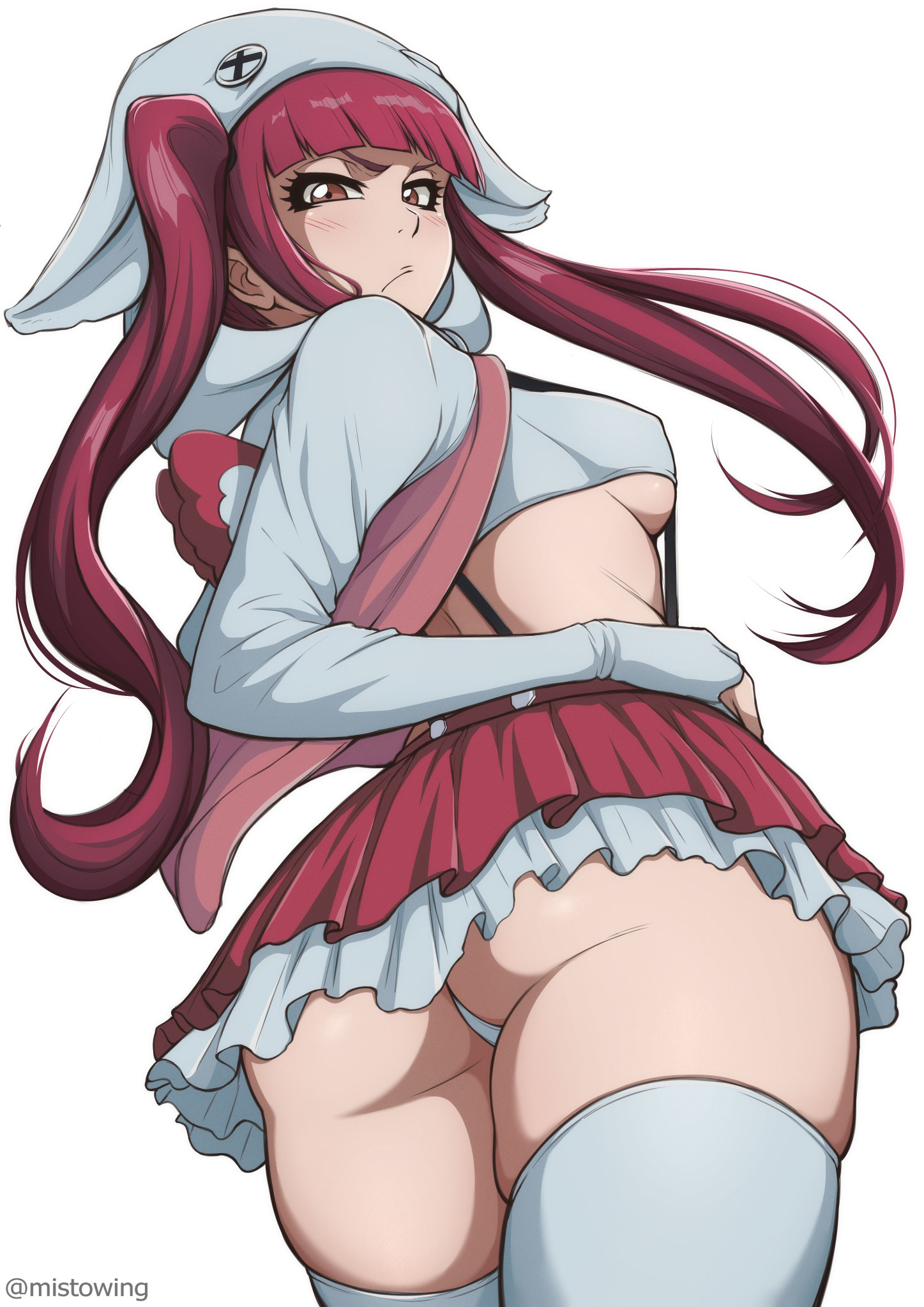 1girls, ass, ass focus, big ass, bleach, bleach: the thousand-year blood war, blush, breasts, dokugamine riruka, dress, female, female only, looking at viewer, low-angle view, mistowing, pink hair, solo, thick thighs, twintails, underboob, upskirt, zettai ryouiki