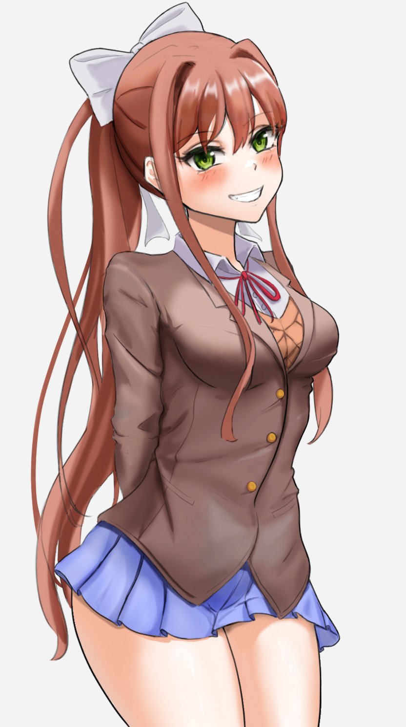 2024 anime_style blazer blush brown_hair color doki_doki_literature_club female female_only green_eyes hands_behind_back human human_only just_monika looking_at_viewer monika_(doki_doki_literature_club) not_furry short_skirt simple_background skirt smile smiling_at_viewer solo solo_female white_background white_bow