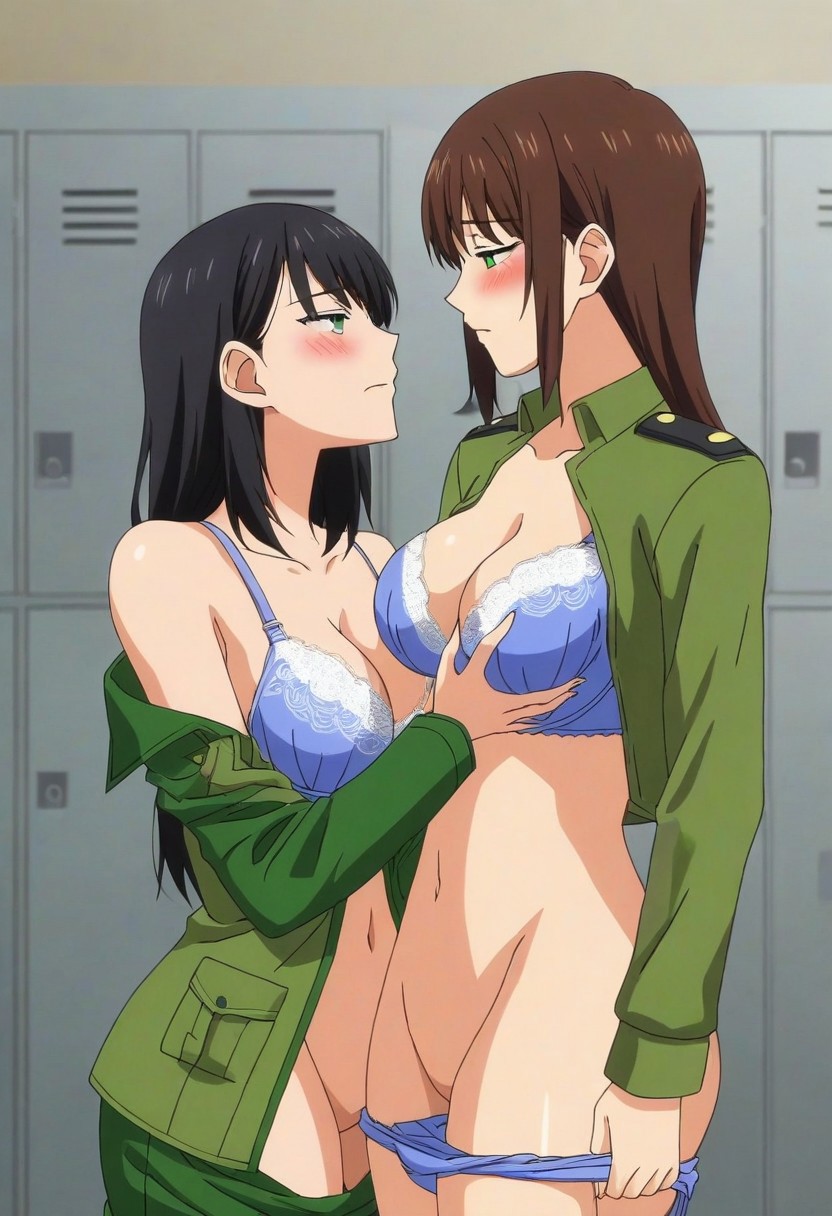 2girls ai_generated bare_shoulders black_hair blue_bra blush bottomless bra breast_grab breasts brown_hair collarbone gastkeser82 green_eyes groin lace-trimmed_bra lace-trimmed_panties locker locker_room lockers military_uniform navel open_clothes original panties partially_clothed stomach taking_clothes_off undressing undressing_another yuri