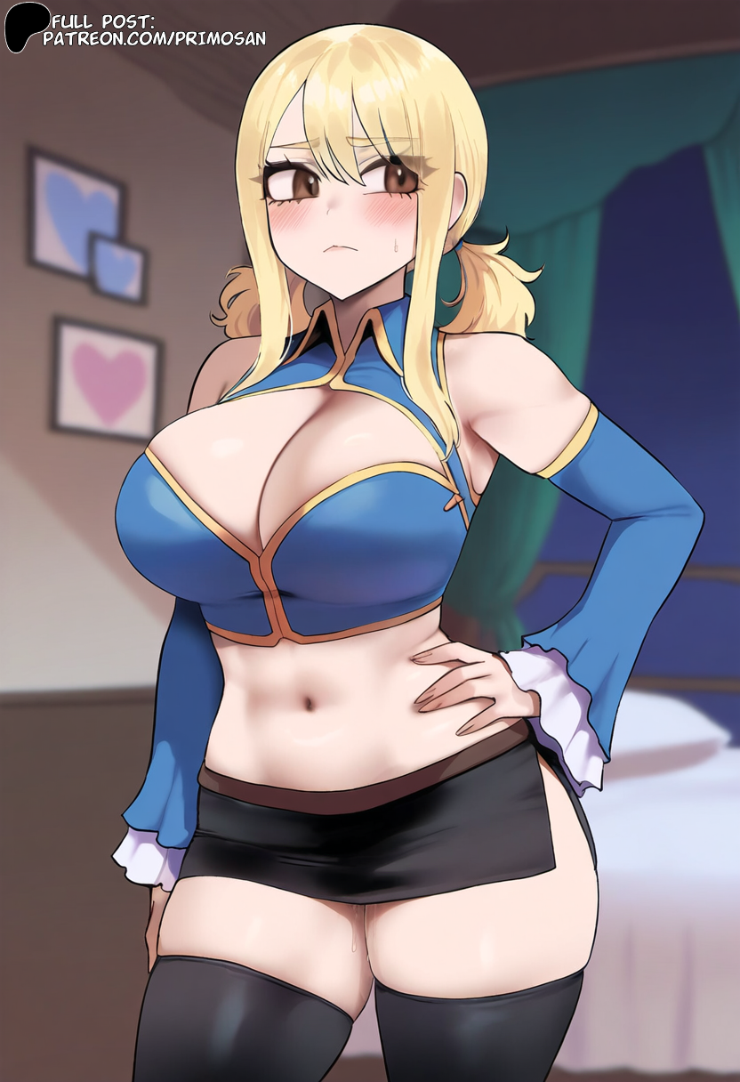 ai_generated big_breasts blonde_hair brown_eyes cleavage crop_top detached_sleeves embarrassed fairy_tail frilled_sleeves hand_on_hip hand_on_own_hip large_breasts looking_away low_twintails lucy_heartfilia miniskirt primosan short_hair side_slit skirt standing stockings thighhighs twintails wide_hips