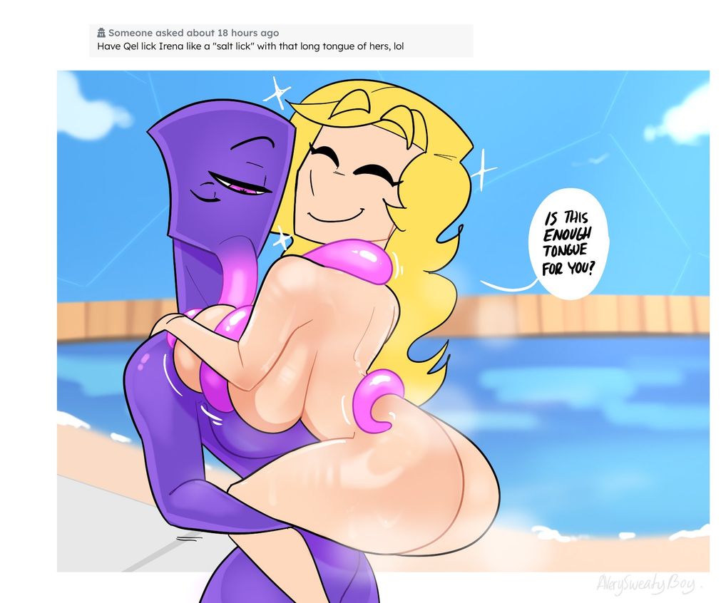 2females 2girls asymmetrical_eyes averysweatyboy background beach beach_background big_ass big_breasts big_eyebrows blonde_female blonde_hair breasts_against_breasts closed_eyes digital_drawing_(artwork) digital_media_(artwork) english_text eyelashes happy happy_female holding_partner irena_(averysweatyboy) licking licking_body licking_breast licking_neck light-skinned_female light_skin long_tongue naked naked_female noseless pink_tongue purple_body purple_skin purple_skinned_female qet_(averysweatyboy) signature smile smiling squishing white_skin yellow_hair