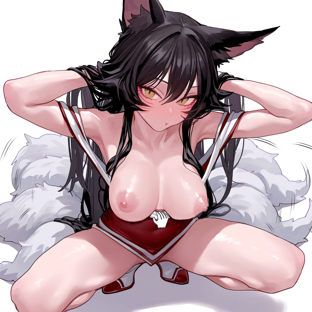 1boy 1girls 2024 ahri alun animal_ear_fluff animal_ears armpits arms_behind_back bare_arms bare_breasts bare_shoulders black_hair blush cute embarrassed fluffy fluffy_ears fluffy_tail fox_ears fox_girl fox_tail hi_res kemonomimi league_of_legends legs_apart light-skinned_female light_skin long_hair looking_at_viewer medium_breasts no_panties nude nude_female riot_games simple_background squatting tail tails topless uncensored yellow_eyes