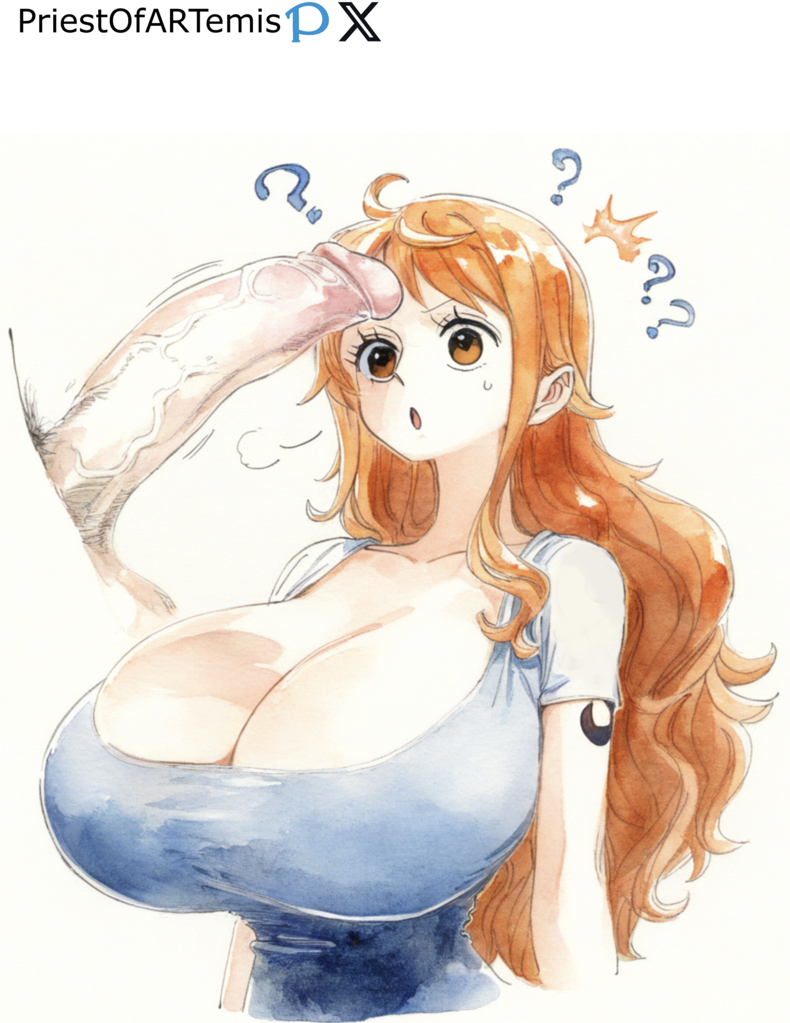 1boy, 1girls, ai generated, big breasts, big penis, breasts, clothing, female, huge breasts, huge cock, long hair, looking at penis, male, nami (one piece), one piece, orange hair, penis, penis awe, penis on face, penis out, post-timeskip, priestofart, simple background, surprised, tagme, tagme (artist), tagme (character), tattoo, tattooed arm, upper body
