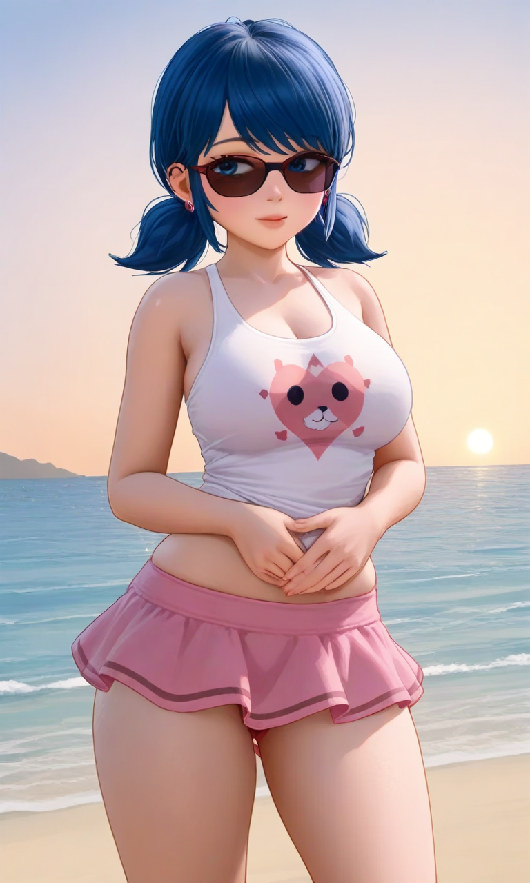 1female 1girls ai_generated bare_arms bare_shoulders bare_thighs beach big_breasts blue_eyes blue_hair chloenette69 disney disney_channel eyebrows eyelashes ladybug_(character) large_ass large_breasts looking_to_the_side marinette_cheng marinette_dupain-cheng miniskirt miraculous:_tales_of_ladybug_and_cat_noir miraculous_ladybug ocean smile solo_female sun sunglasses sunshine tank_top thick_thighs twintails