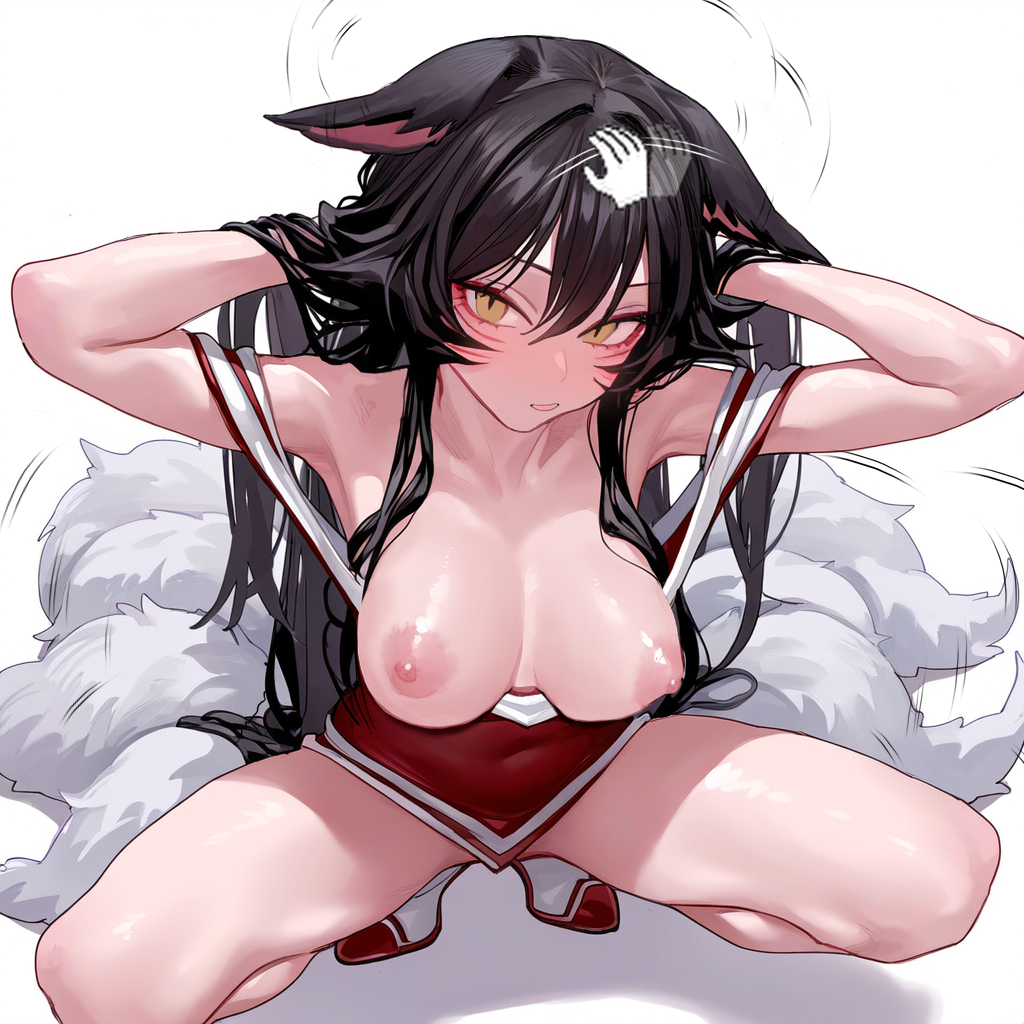 1boy 1girls 2024 ahri alun animal_ear_fluff animal_ears armpits arms_behind_back bare_arms bare_breasts bare_shoulders black_hair blush cute ears_back embarrassed fluffy fluffy_ears fluffy_tail fox_ears fox_girl fox_tail head_pat headpat hi_res kemonomimi league_of_legends legs_apart light-skinned_female light_skin long_hair looking_at_viewer medium_breasts no_panties nude nude_female riot_games simple_background smile smiling squatting tail tails topless uncensored yellow_eyes