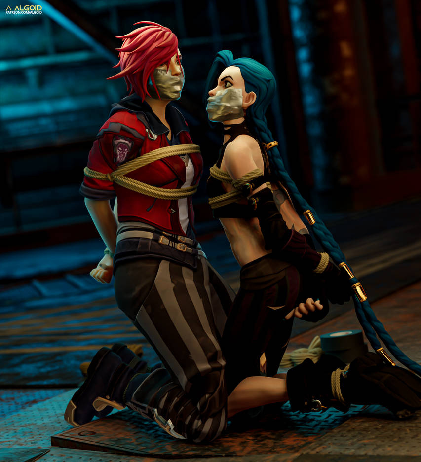 3d 3d_(artwork) algoid arcane arcane_jinx arcane_vi bondage bound bound_together female female_focus female_only gag human jinx_(league_of_legends) kneeling league_of_legends vi vi_(league_of_legends)