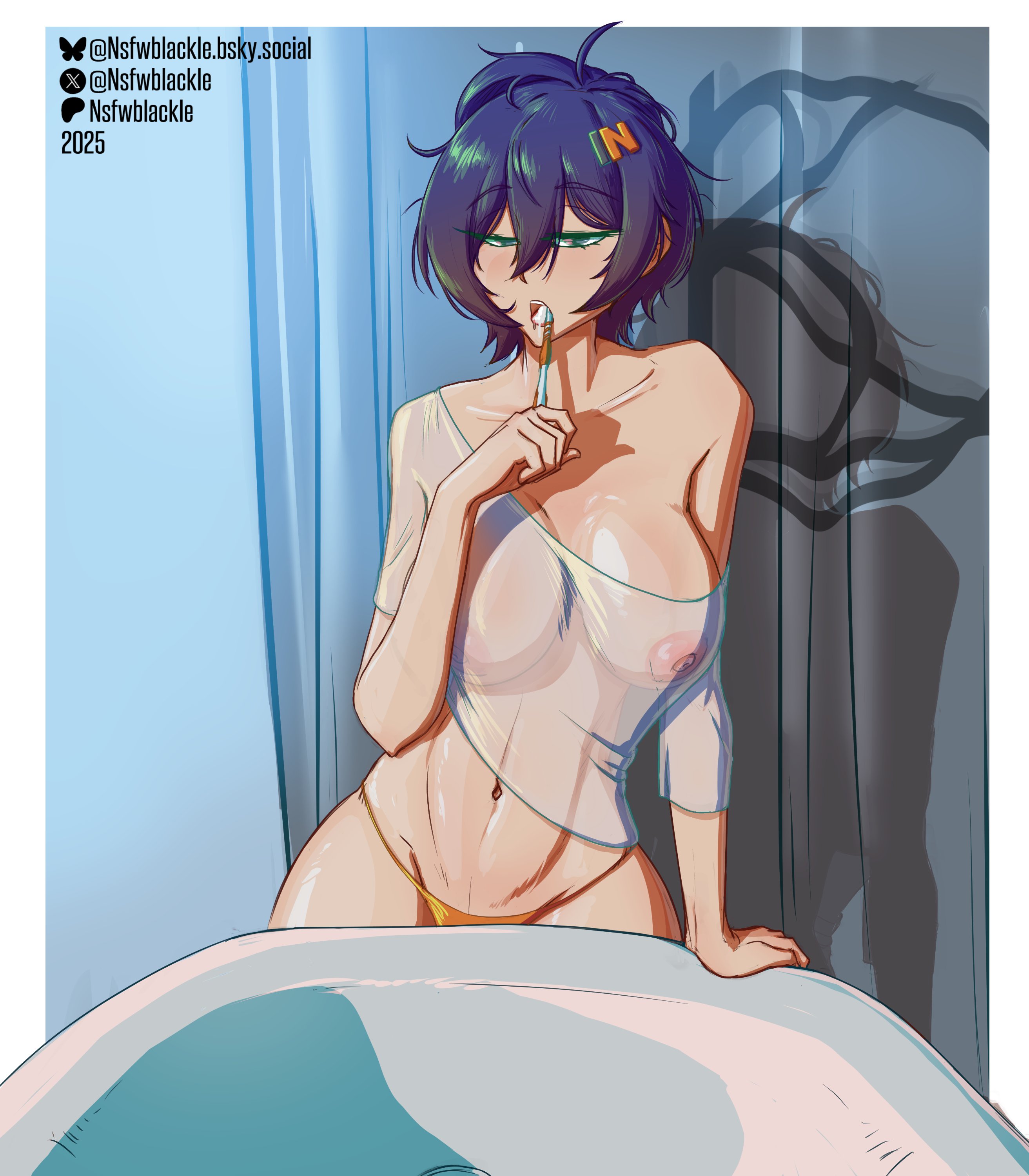 1girls, belle (zenless zone zero), breasts, female, female only, huge breasts, large breasts, nsfwblackle, revealing clothes, see-through, standing, zenless zone zero