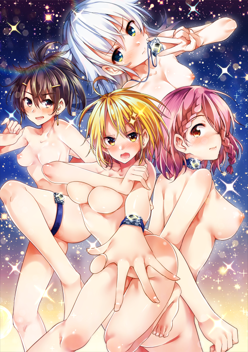 >:( 4girls ass bare_shoulders barefoot black_hair blonde_hair blush braid burning closed_mouth covering covering_breasts dokyuu_hentai_hxeros hair_over_one_eye high_ponytail hoshino_kirara long_hair momozono_momoka multiple_girls nipples nude pink_hair red_hair ryouma_(galley) school_uniform serafuku shirayuki_maihime short_hair silver_hair single_braid space standing tenkuuji_sora watch wristwatch