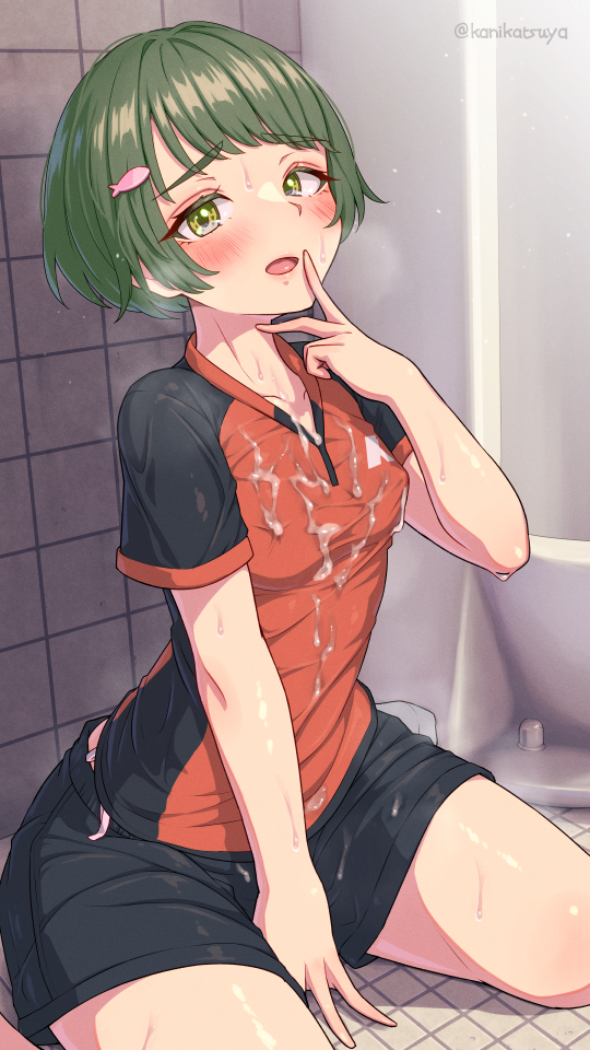 absurdres bathroom blush clothes collarbone collared_shirt covered_erect_nipples cum cum_on_body cum_on_clothes cum_on_upper_body female fingers_to_mouth fish_hair_ornament green_eyes green_hair hair_ornament highres kanikatsuya looking_at_viewer orange_shirt original restroom shirt short_hair shorts sitting sitting_on_floor small_breasts socks solo solo_focus sportswear string_panties sweat thighs toilet tongue two-tone_shirt urinal