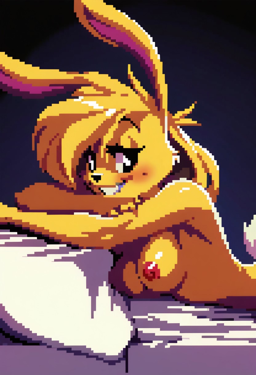 ai_generated anthro bed blush female furry jazz_jackrabbit_(series) lori_jackrabbit pixel_art