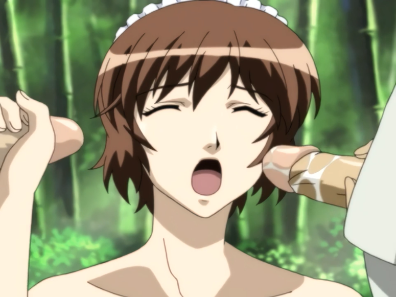 1girls 2boys anime_screencap bamboo bamboo_forest brown_eyes brown_hair closed_eyes clothed_male clothed_male_nude_female female grabbing_penis maid_cap maid_headdress mature_female moaning naked naked_female no_bra no_clothes nonomiya_momoko nude nude_female open_mouth ova penis screencap shimai_tsuma_3 shimaizuma_3 uncensored