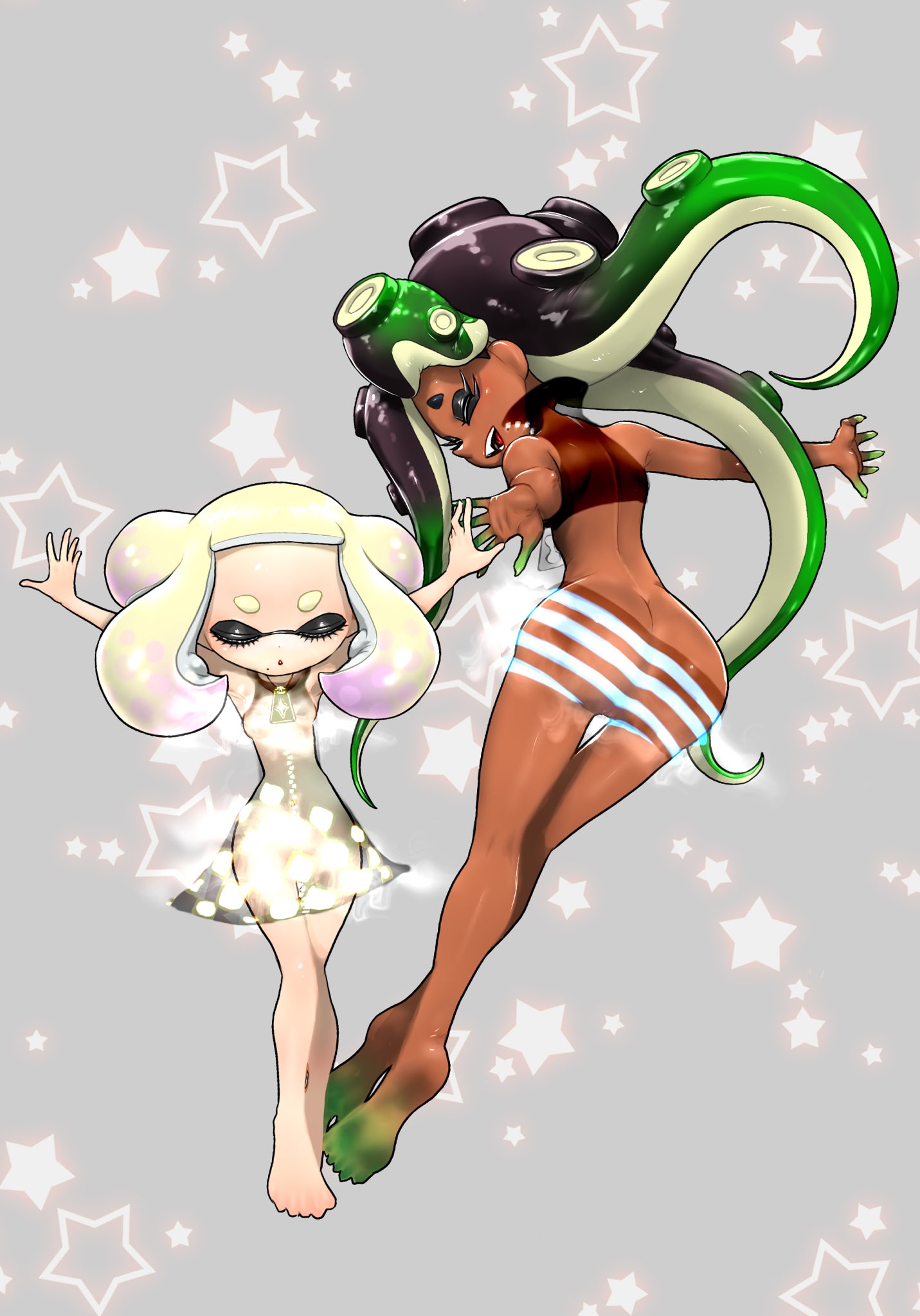 2girls dark-skinned_female dark_skin inkling inkling_girl koharuno2 marina_(splatoon) marina_ida octoling octoling_girl off_the_hook_(splatoon) pearl_(splatoon) pearl_houzuki see-through_clothing splatoon splatoon_(series) splatoon_2 tagme tentacle_hair