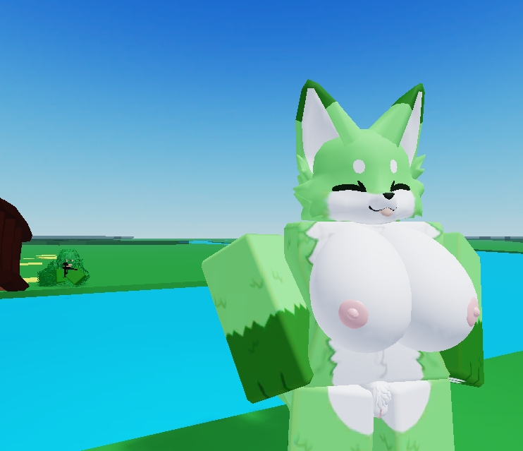 1boy1girl 3d bridge eyes_closed furry gameplay_screenshot ghillie_suit green_fur happy proud pubic_hair river roblox robloxian silly sniper standing tagme tongue_out unaware