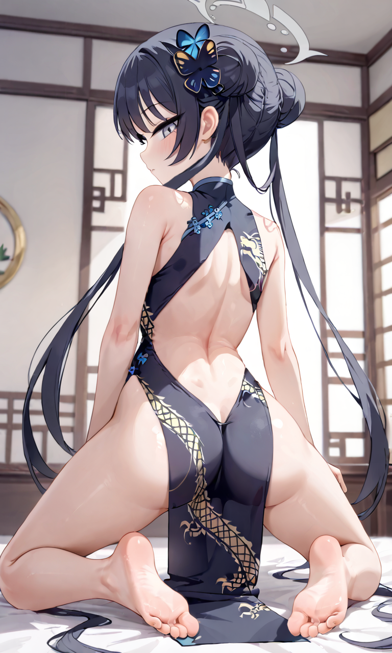 adult_female ai_generated barefoot bed bedroom black_dress black_hair blue_archive butterfly_hair_ornament chinese_clothes chinese_dress double_bun exposed_back feet female from_behind grey_eyes halo kisaki_(blue_archive) long_hair looking_back on_knees qipao self_upload stable_diffusion twintails