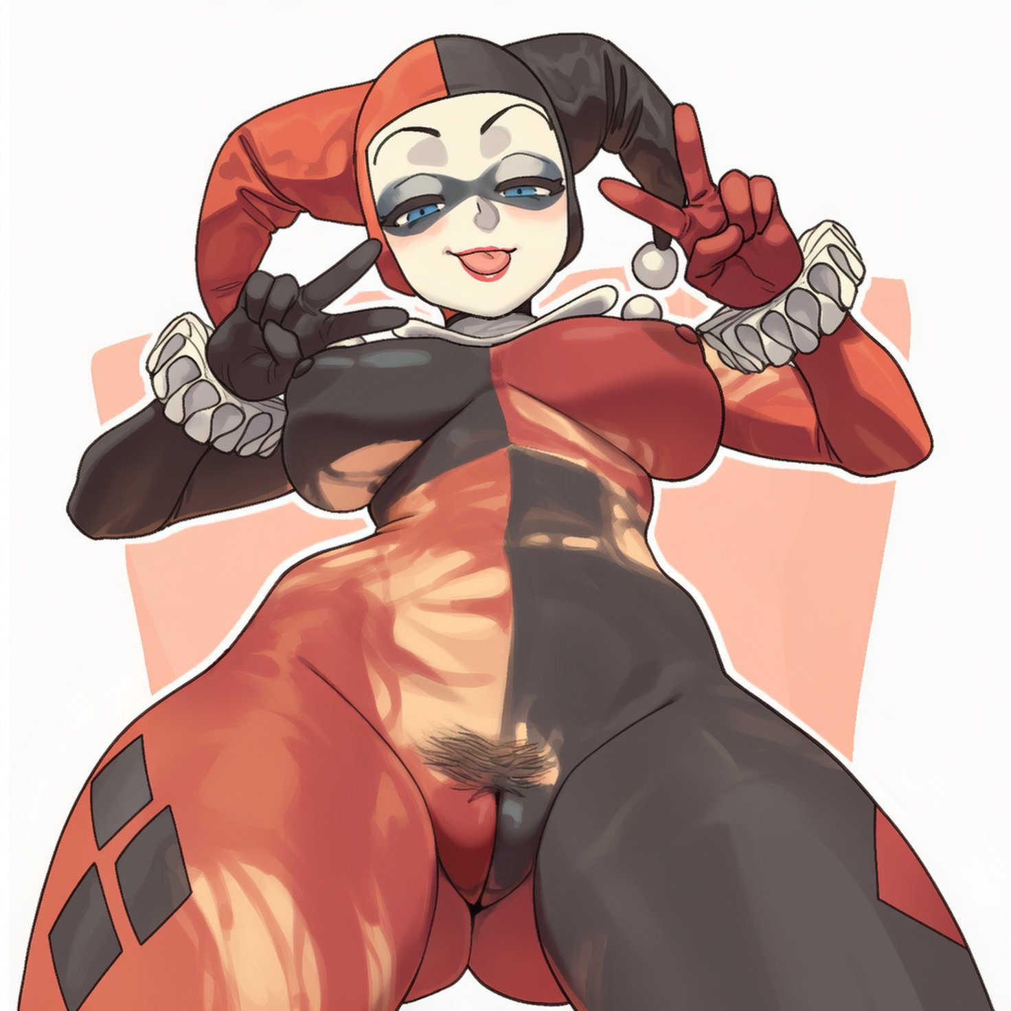 ai assisted, ai generated, blue eyes, bodypaint, dc comics, female, from below, harley quinn, jester, kokenaart, large breasts, nipples, painted clothes, pubic hair, pussy, solo, tongue, tongue out