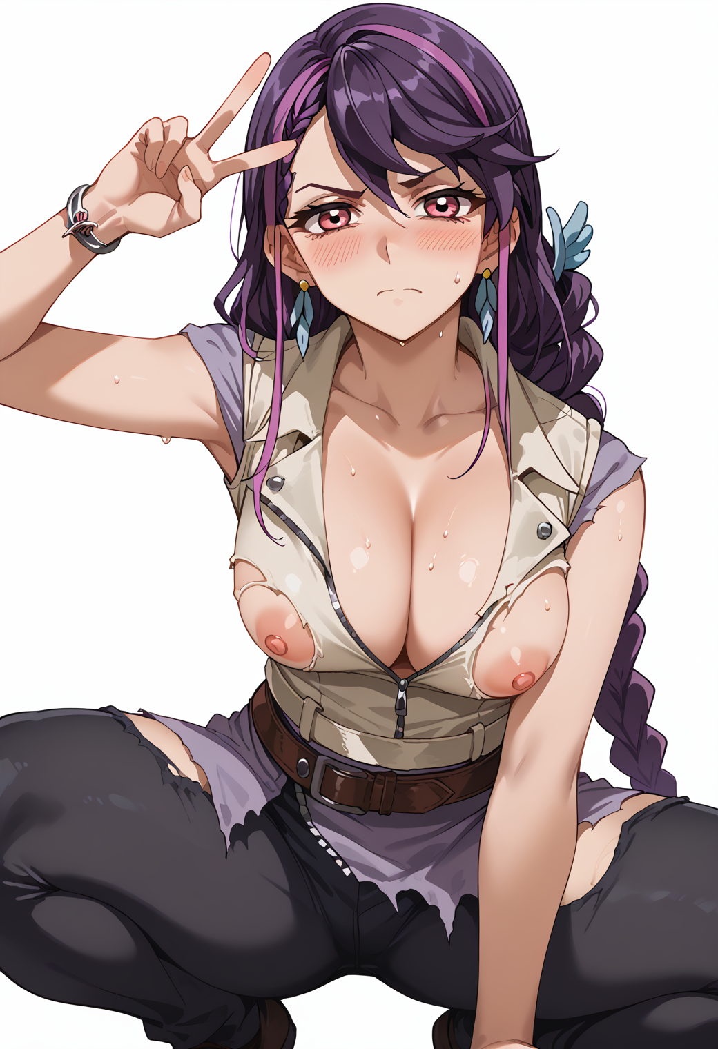 1girls ai_generated angry areolae black_hair blush clothing edit female hi_res huge_breasts kurosaki_ruri long_hair looking_at_viewer lulu_obsidian nipples peace_sign purple_hair qwqwqw red_eyes solo spread_legs sweatdrop teenager tiptoes torn_clothes yu-gi-oh! yu-gi-oh!_arc-v