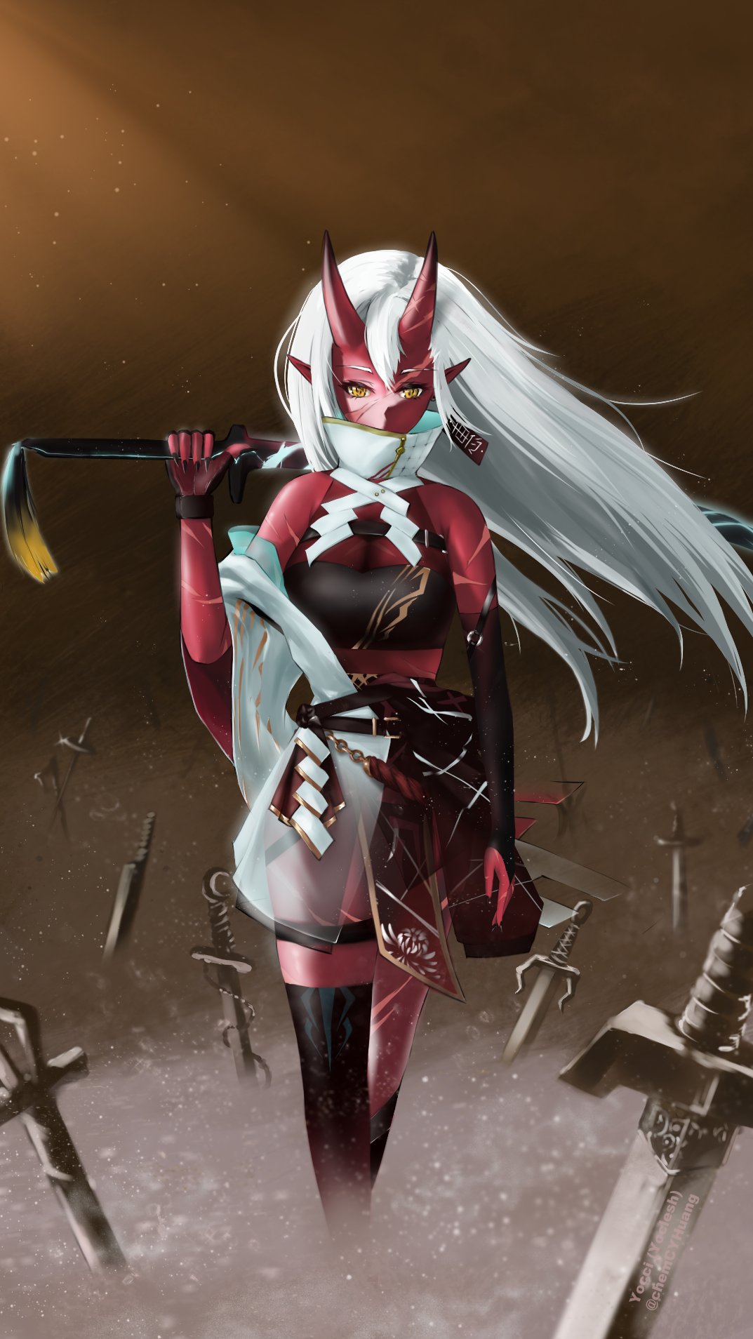 akumi artist_name breasts female gloves hair_between_eyes holding holding_sword holding_weapon horns jewelry katana long_hair long_sleeves looking_at_viewer oni oni_horns red_skin sheath solo standing sword thighhighs torn_clothes virtual_youtuber vyugen weapon white_hair yellow_eyes