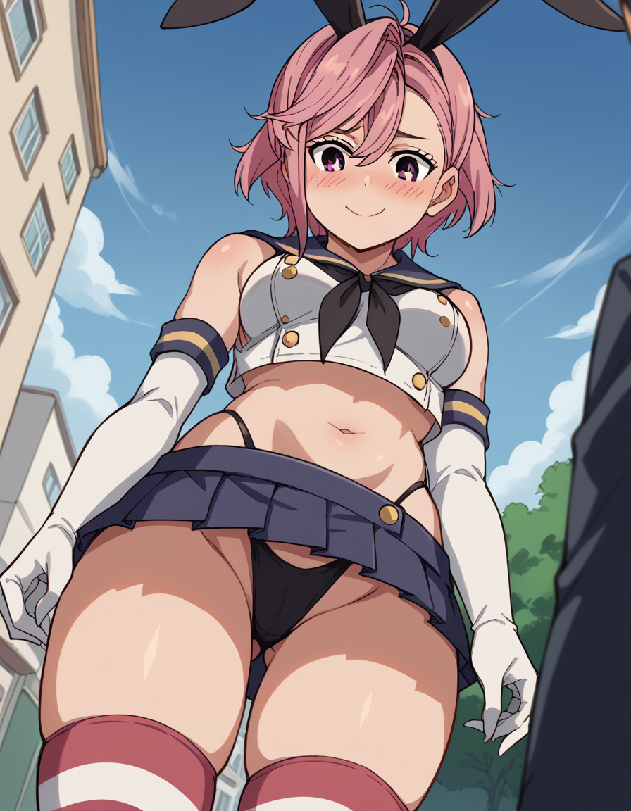 1girls ai_generated aira_shiratori ass_visible_through_thighs civitai cosplay dandadan detached_sleeves female female_focus female_only high_thong microskirt more_at_source nochekaiser881 panchira panchira_(standing) pantyshot pink_hair pleated_skirt shiratori_aira_(dandadan) short_hair short_skirt skindentation skirt thighhighs thong thong_straps upskirt viewed_from_below