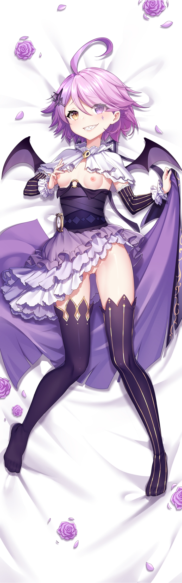 :d ahoge bed benghuai_xueyuan breasts dakimakura_(medium) demon_wings female flower frilled_skirt frills grin heterochromia highres honkai_(series) looking_at_viewer lying multicolored_hair nipples on_back pink_hair purple_eyes purple_flower purple_hair purple_rose purple_shorts purple_sleeves purple_thighhighs pussy rose sharp_teeth shorts sin_mal sin_mal0909 skirt small_breasts smile solo teeth thighhighs two-tone_hair wings yellow_eyes